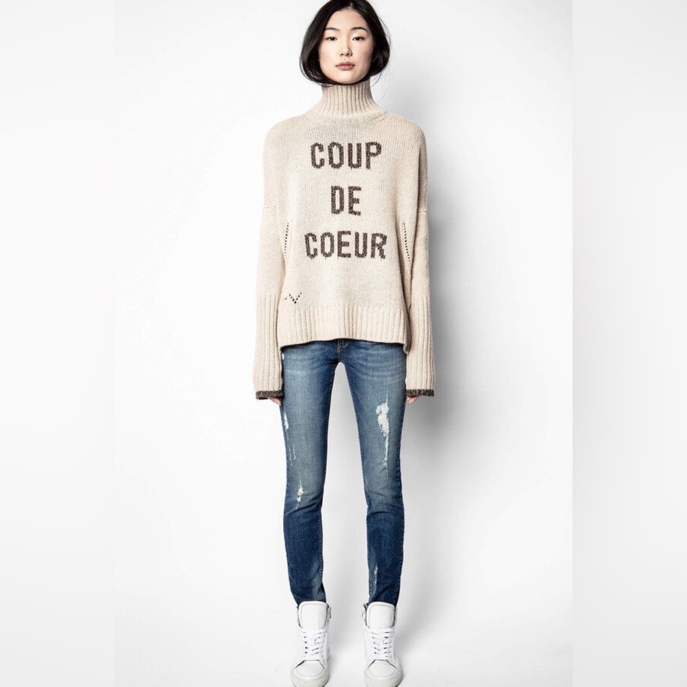 NWT Zadig & Voltaire sweater Alma COUP DE COEUR merino wool beige turtleneck